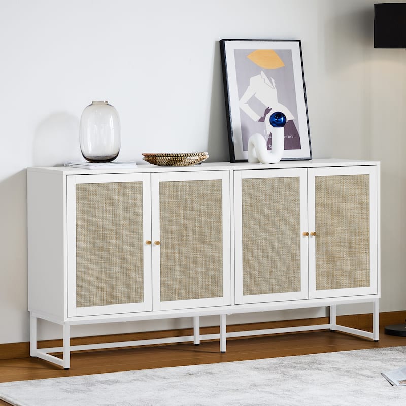 Wood Rattan 4-Door Buffet Sideboard With Storage