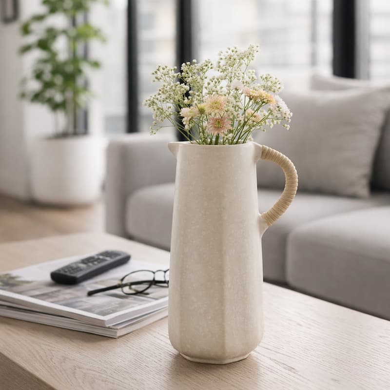 Pottery Vase with Woven Rattan Handle - Tall Flower Vase