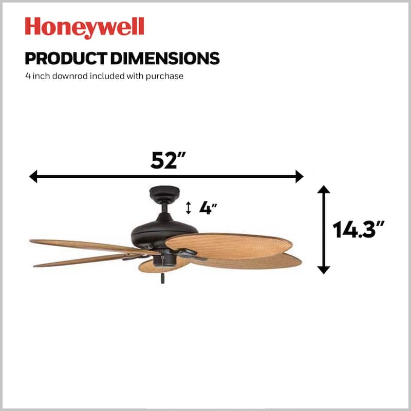 52" Honeywell Palm Island Bronze Indoor/Outdoor Ceiling Fan with No Light, Pull Chain, 5 Palm Leaf Blades, Damp-Rated