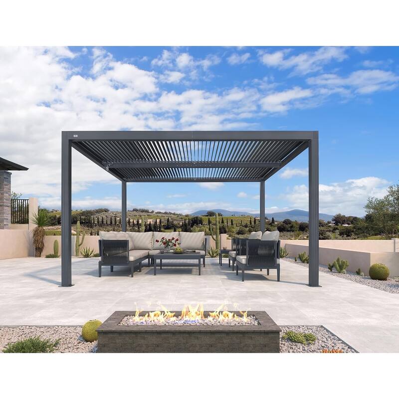 PURPLE LEAF Gray Louvered Pergola Outdoor Aluminum Pergola with Adjustable Roof for Patio Grey Hardtop Gazebo - 10' x 12' - Grey