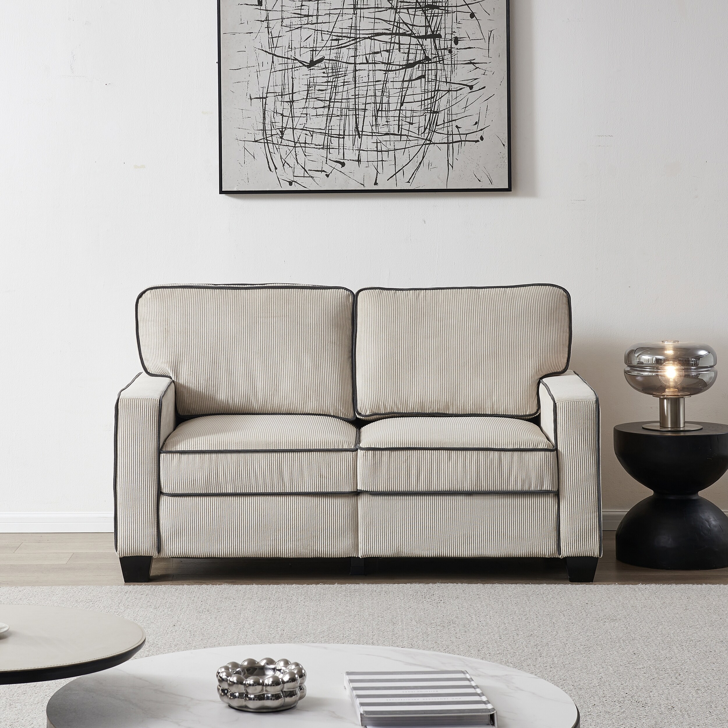 Beige Corduroy Loveseat Sofa with 2 Hidden Storage Sofa Couches