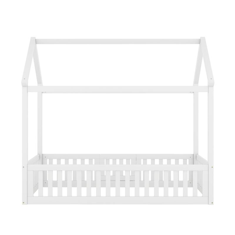 Twin/Full Size Wood House Bed with Fence, Door, and Roof for Children's Bedrooms, Small Space, No Box Spring Needed