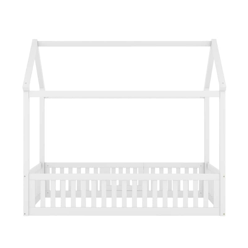 Twin House-Shaped Bed with Fence and Door, Distressed Finish, Solid Pine Wood Frame for Kids' Bedroom