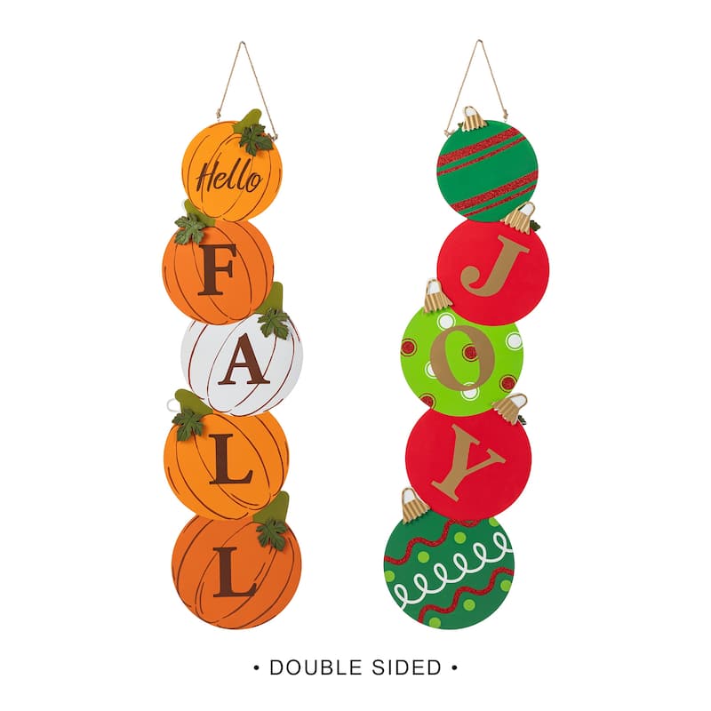 Glitzhome 41.75"H Fall and Christmas Double Sided Wooden Pumpkin and Ornament Porch Sign