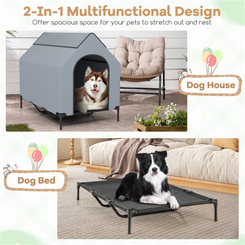 Portable Elevated Dog House with Waterproof Canopy and Ventilation Windows, Easy to Clean