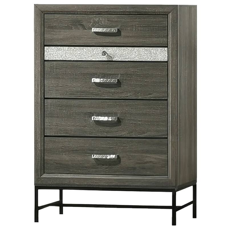 Lito Tall Dresser Chest, 4 Drawers w 1 Jewelry Tray, Glam Silver, Gray