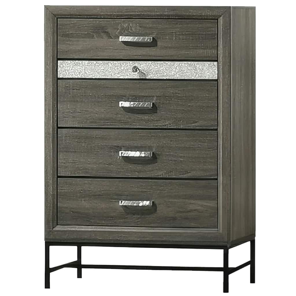 Lito Tall Dresser Chest, 4 Drawers w 1 Jewelry Tray, Glam Silver, Gray
