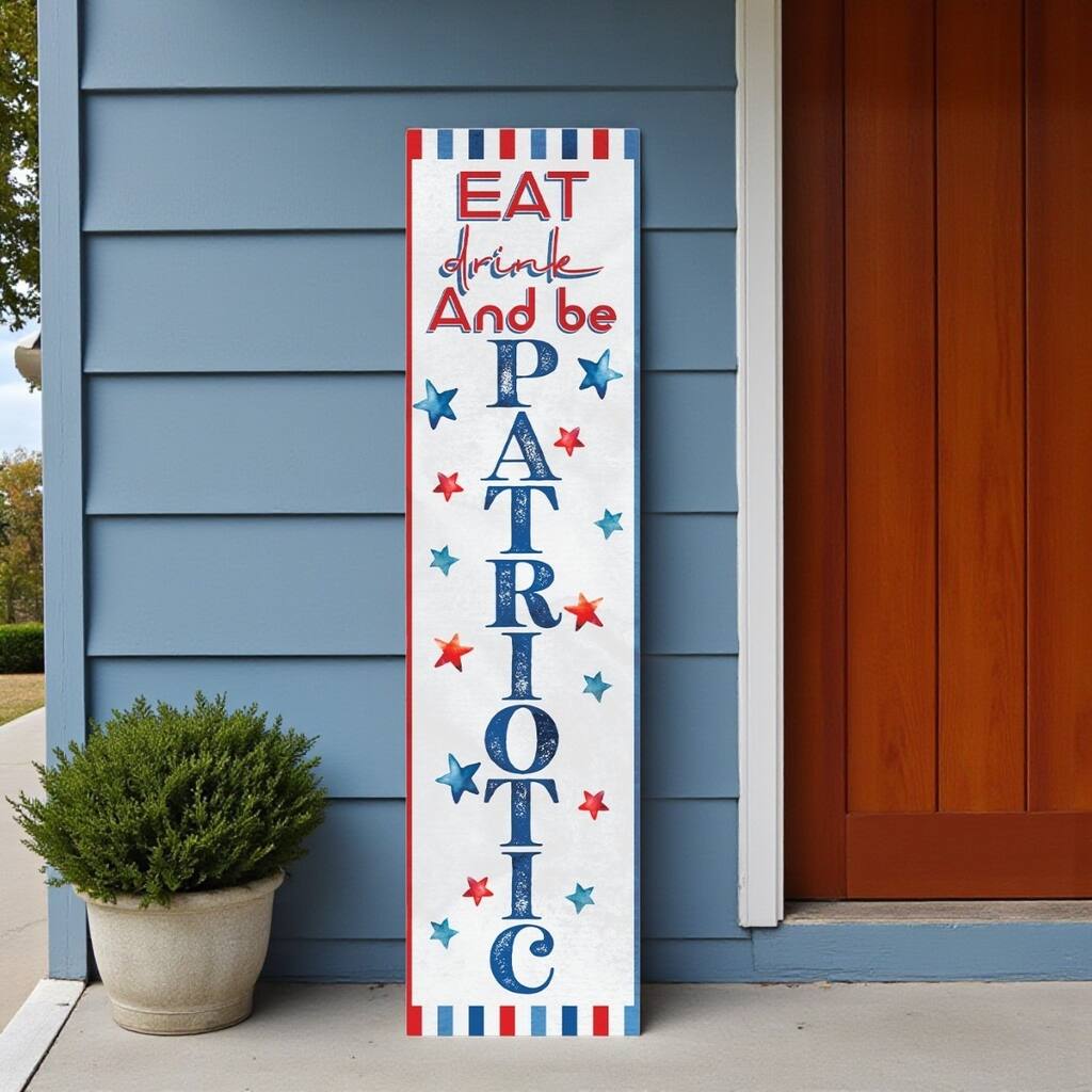 HomeRoots 36" Red White And Blue Solid Wood Eat Drink And Be Patriotic Porch Sign