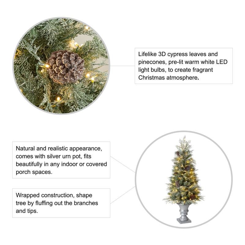 Glitzhome 4ft/5ft Pre-Lit Pine Artificial Christmas Porch Tree with Warm White Lights and Silver Pot