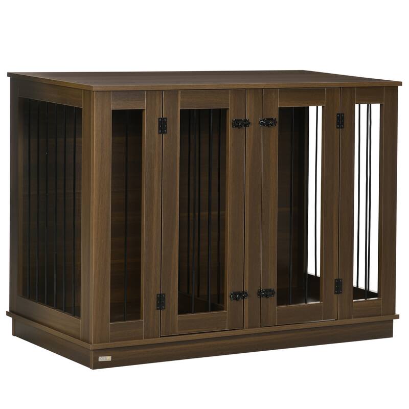 PawHut Large Furniture Style Dog Crate with Removable Panel, End Table with Two Rooms Design and Two Front Doors - Dark Walnut