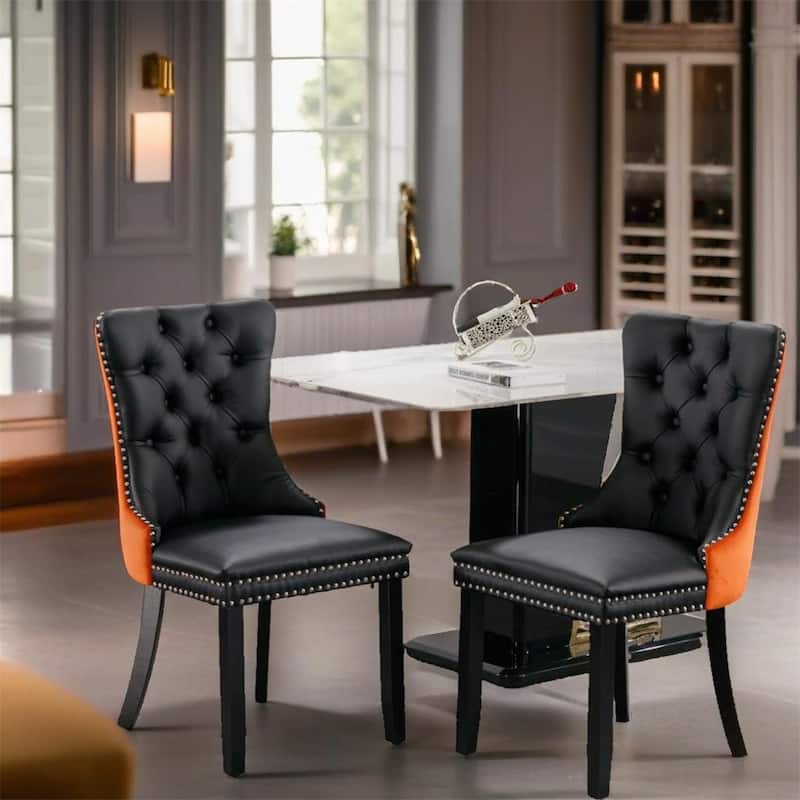 Velvet Upholstered Dining Chair with Wood Legs and Nailhead（Set of 2) - N/A