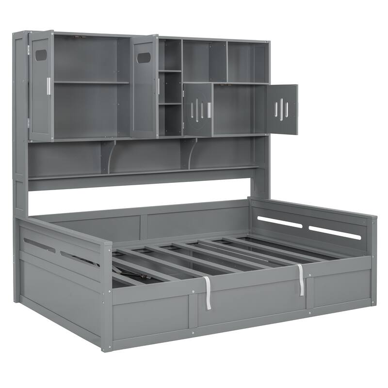 Wooden Daybed Storage Platform Bed with All-in-One Cabinet and Shelf, 10 Slats Multi-Functional Space-Optimizing Bed Frame