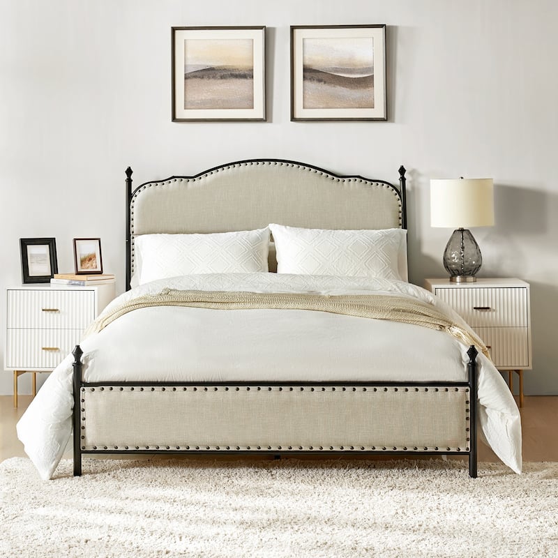 Eulalia Transitional Upholstered Platform Metal Bed Frame Four Poster Bed with High Headboard&Pillow