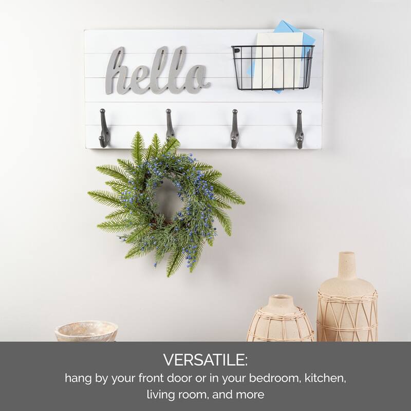 Melannco Hello Wall Plaque with Metal Hooks and a Basket, 24 Inch