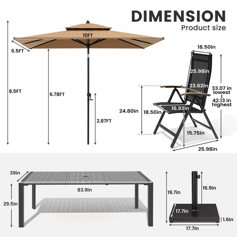 9/11-Piece Outdoor Patio Dining Set Aluminum Dining Table and Chairs w/10 ft Market Umbrella and Base