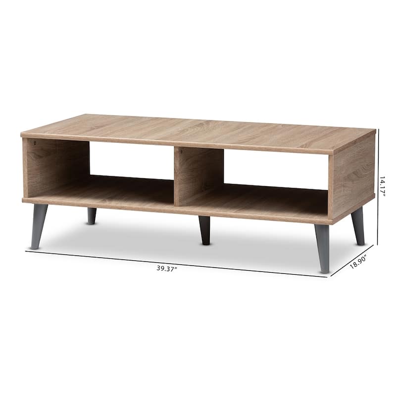 Pierre Mid-Century Modern Oak and Light Grey Finished Wood Coffee Table - 14.17"H x 39.37"W x 18.9"D
