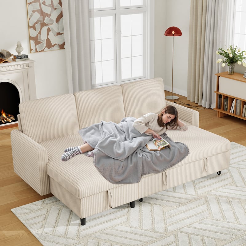 Futzca Convertible Corduroy Sofa Bed with Storage, L-Shaped Sectional Couch