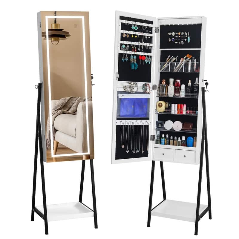 Full Mirror Wooden Floor-Standing Type Jewelry Armoire Cabinet white - N/A