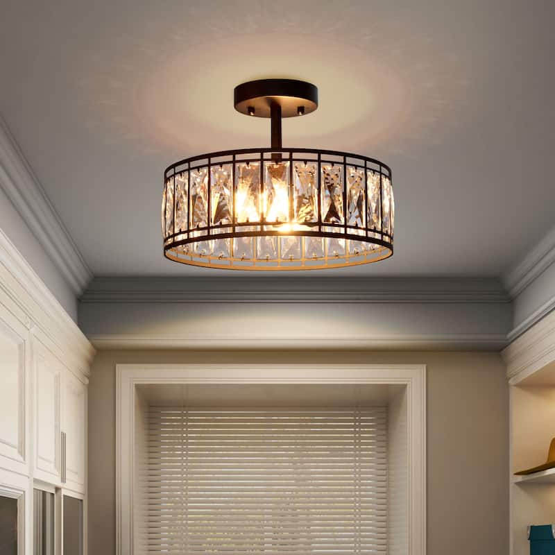 Modern Glam 2-Light Crystal Metal Drum Semi Flush Mount Light - D 12.5"x H 9.5"