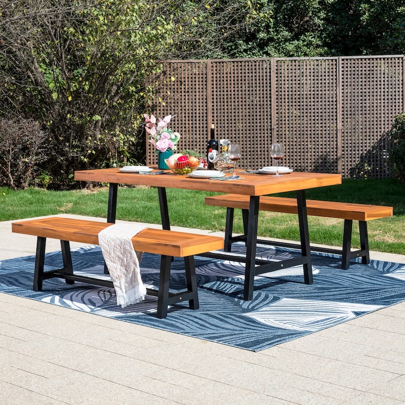 MAISON ARTS 3-Piece Patio Dining Table Set Acacia Wood with 1 Rectangular Table and 2 Benches