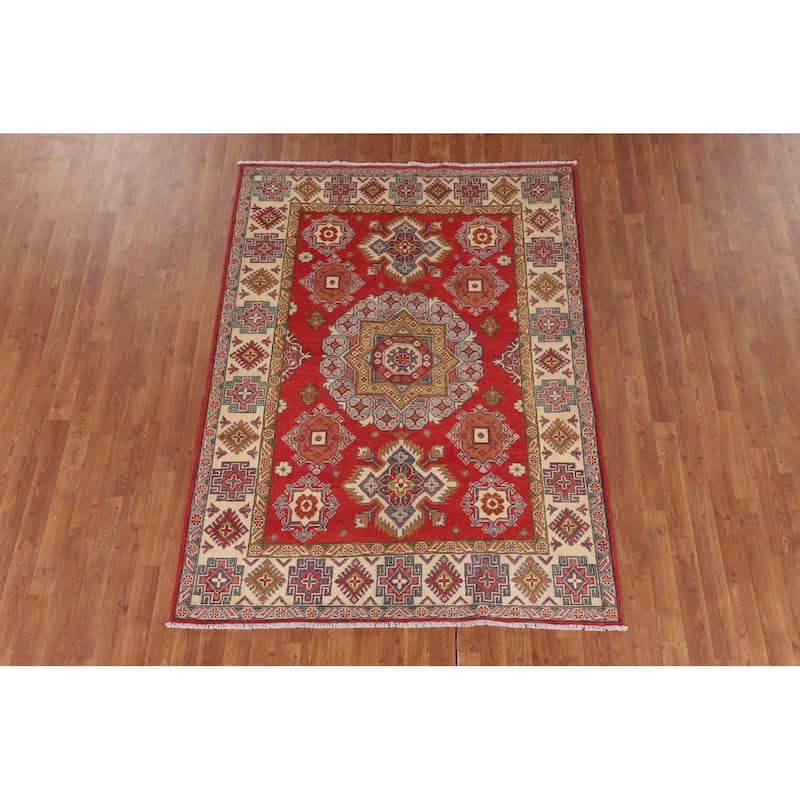 Geometric Kazak Area Rug Handmade Oriental Red Living Room Wool Carpet - 4'11" x 6'8"