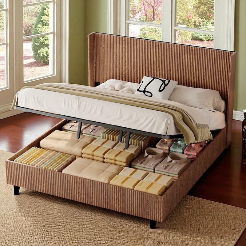 King Lift-Top Storage Platform Bed, Hydraulic Gas Lift, Grooved Headboard Shelves, Rustic Walnut, No Box Spring, Quiet - Natural - King