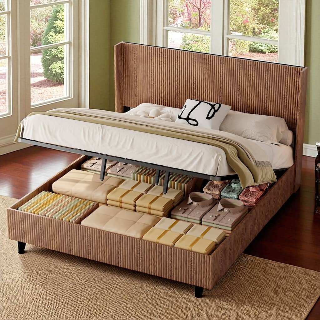 King Lift-Top Storage Platform Bed, Hydraulic Gas Lift, Grooved Headboard Shelves, Rustic Walnut, No Box Spring, Quiet