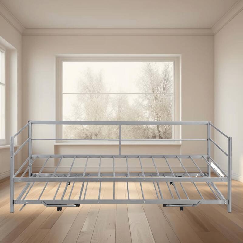 Twin Size Metal Platform Daybed with Adjustable Trundle, Pop-Up Design for Versatile Use, Sofa Bed for Bedroom, Guest Room - Silver - Twin
