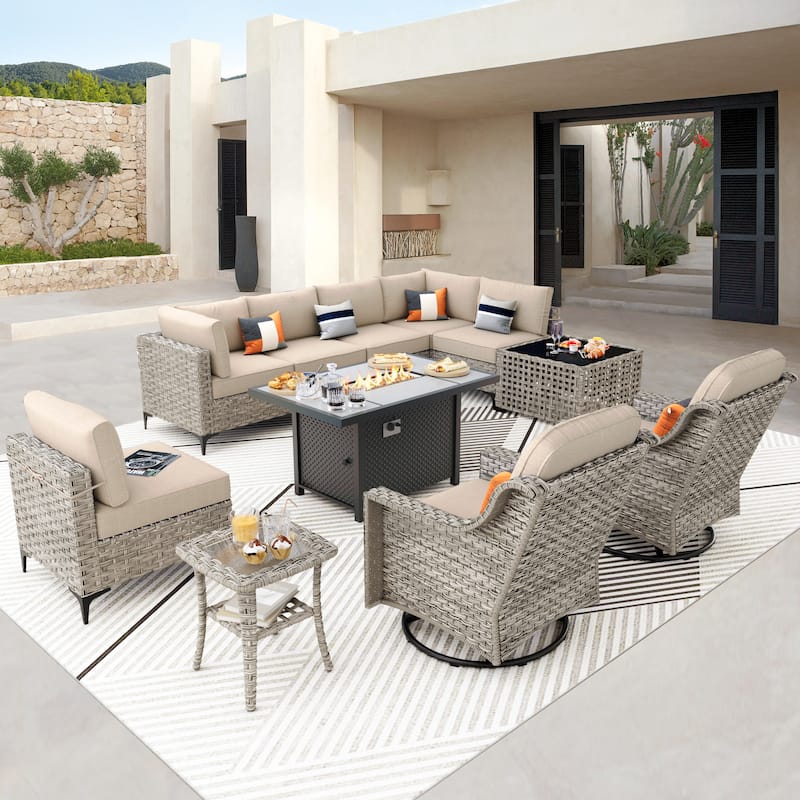 OVIOS 11 Pieces Outdoor Wicker Swivel Chair Set With Solar-Powered Coffee Table&Fire Pit - Beige