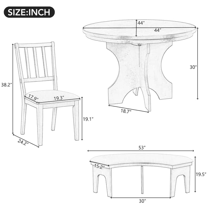 5-Piece Kitchen Dining Table Set, Round Dining Table with 3 Upholstered Chairs and Curved Bench for 4-5 People