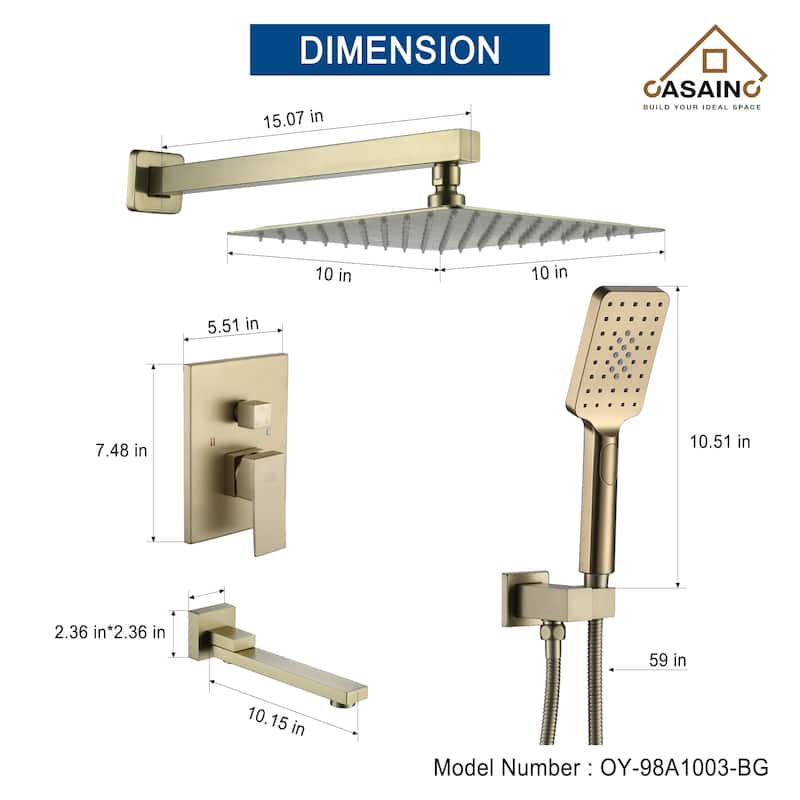 1-Handle 3-Spray Pattern 10 in Wall Mount Shower Head, Tub and Shower Faucet, Brushed Gold (Valve Included) - 10 inch