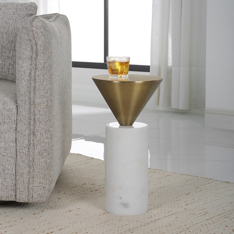 Drink Table with Inverted Conical Top - 20.25" - Brushed Brass and White