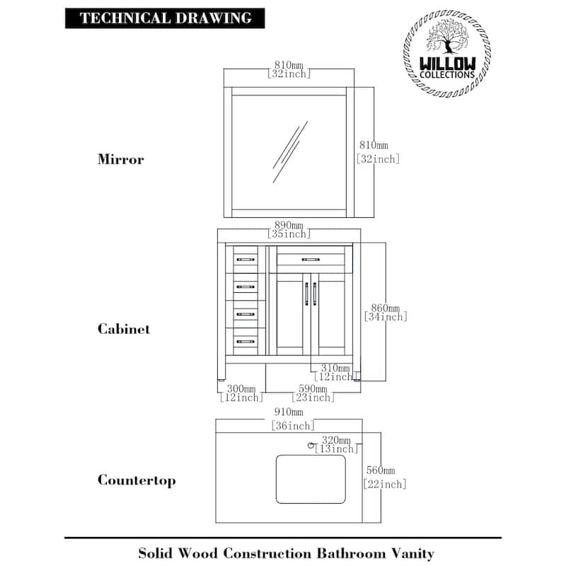 Willow Collections 36 in. W x 22 in. D Cambridge Right Offset Sink Bathroom Vanity with Countertop