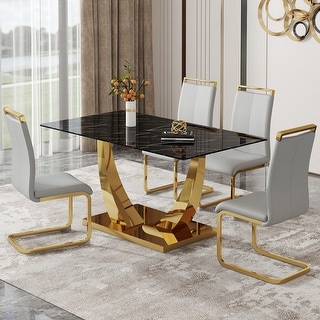 Modern Rectangular 5-Piece Dining Table Set with Black Textured Glass ...