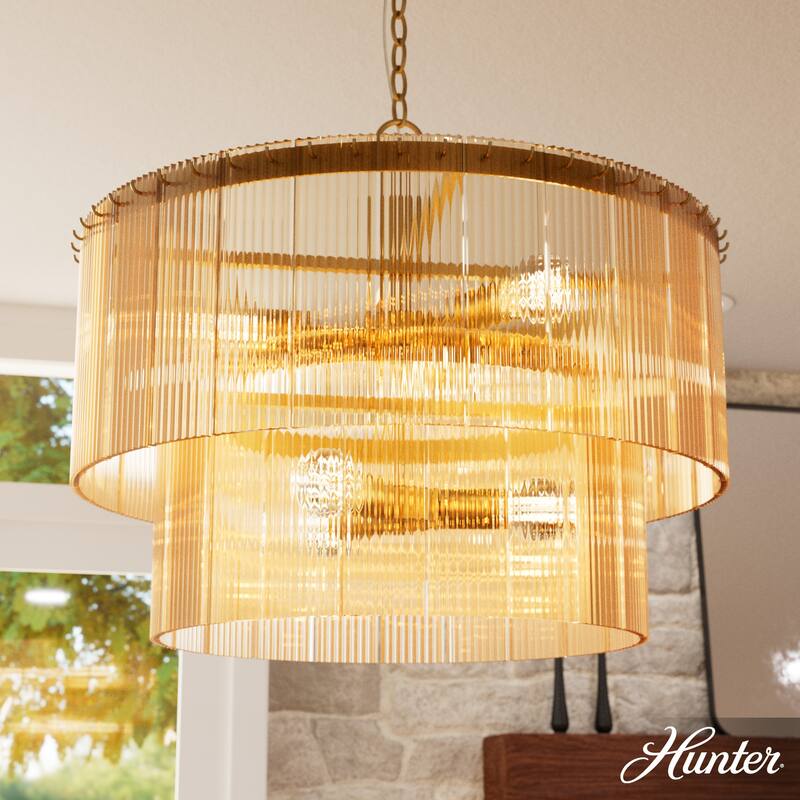 Hunter + Jasmine Roth Ontario Ribbed Glass Pendant Chandelier - Foyer, Dining Room, Kitchen Table or Island - Transitional, Glam - 6-Light - Luxe Gold