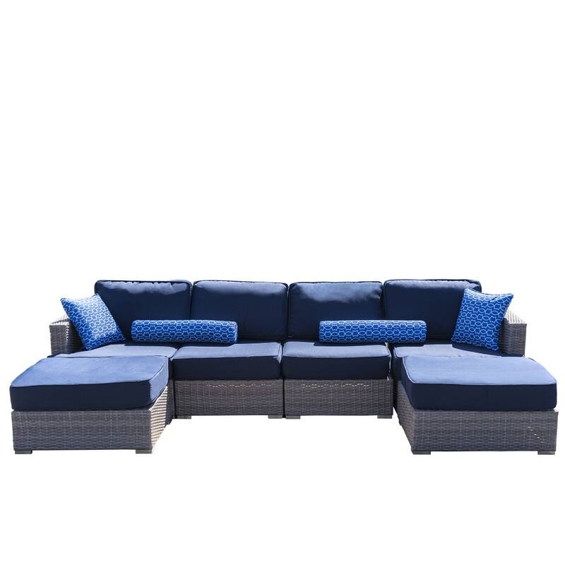 High-Density Polyethylene (HDPE) Wicker 6-Piece Fully Assembled Patio Couch Outdoor Sectional Sofa Set with Navy Blue Cushions