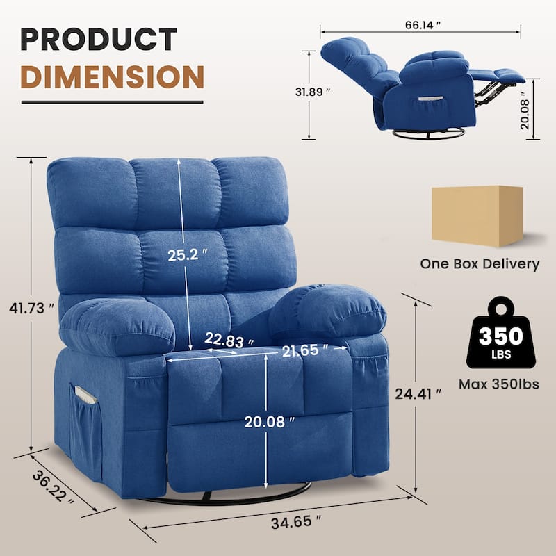 Swivel Rocker Recliner Chair 360° Manual with Side Pockets for Adults