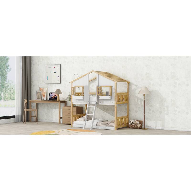 Roomfitters Twin Over Twin House Bunk Bed with Roof, Window Box, Door, Safety Guardrails and Ladder