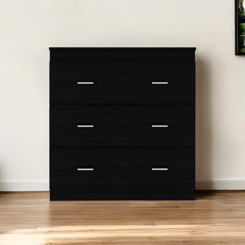 Modern 3-Drawer Black Dresser with Roller Glides and Metal Handles for Bedroom Storage or Living Room - Black