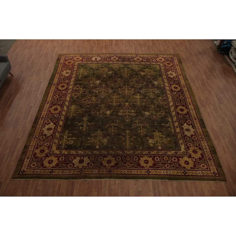 Hand Knotted Oriental 100% Wool Carpet Traditional Floral Green Agra Area Rug - 14' 10'' X 13' 1''