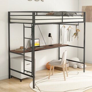 Twin Size Loft Bed with Cinnamon Wood Desk and Closet Rod,Kids Bed Design