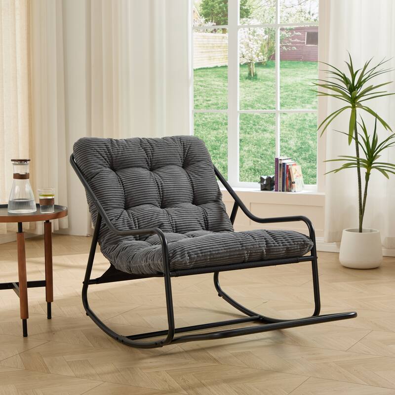 Outdoor Rocking Chair, Comfy Cushion, with Soft Thick Cushion,for Living Room, Reading Room, Black Frame with White Cushion