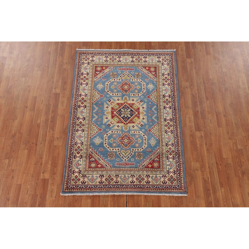 Blue Geometric Kazak Oriental Rug Bedroom Hand-Knotted Wool Carpet - 4'0"x 5'10"