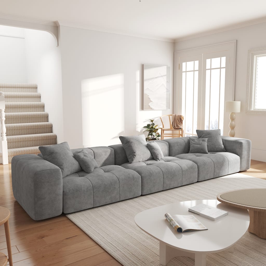 144.17" Linen Sectional Sofa 3-Seater Modular Couch with Pillows for Living Room