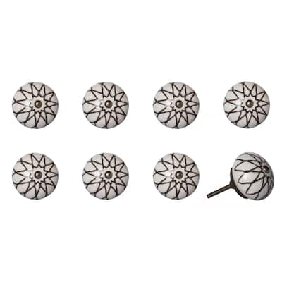 8-Piece Set Brown Ceramic Drawer Pulls with Hand-Painted Design and Silver Metal Backplate - 1.5” x 1.5” x 1.5”