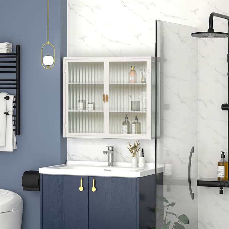 27.56"Glass Doors Modern Two-door Wall Cabinet with Featuring Three-tier Storage,White