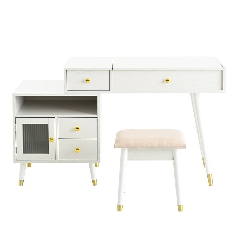 Extendable Makeup Dressing Table with Stool, 3-in-1 Makeup Vanity Desk with Flip-Top Mirror & 3-Color LED Light, White