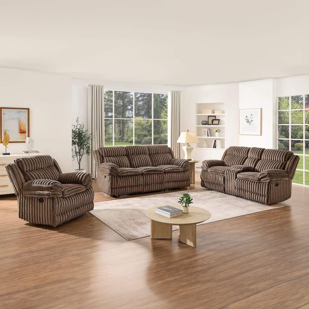 Roundhill Furniture Ardello 3-Piece Reclining Sofa Set, Corduroy Upholstery with Built-In Power Center, Chocolate