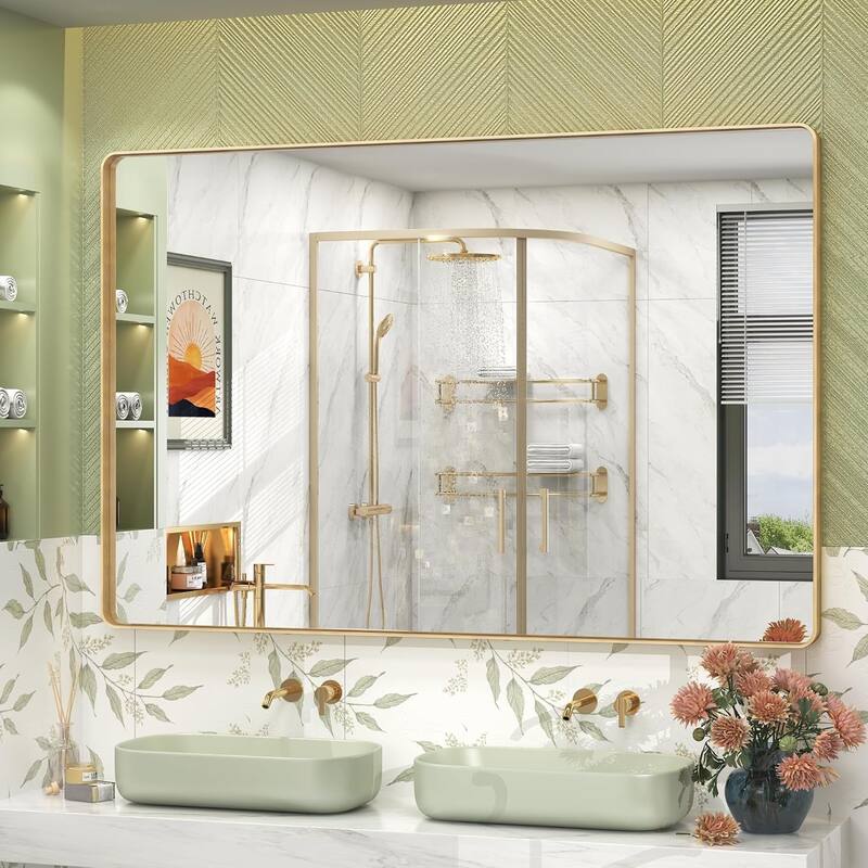Aluminum Alloy Framed French Cleat Mounted Tempered Glass Wall Vanity Mirror - Gold - 55" x 36"