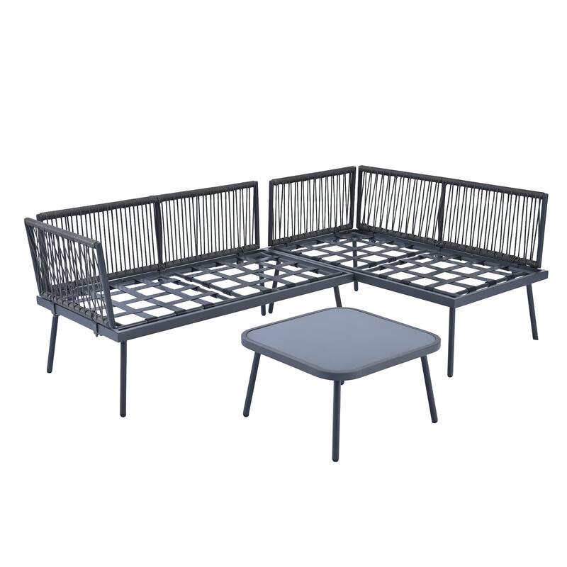 Modern Outdoor 3-Piece PE Rattan Sectional Sofa Set with Cushions and Glass Table